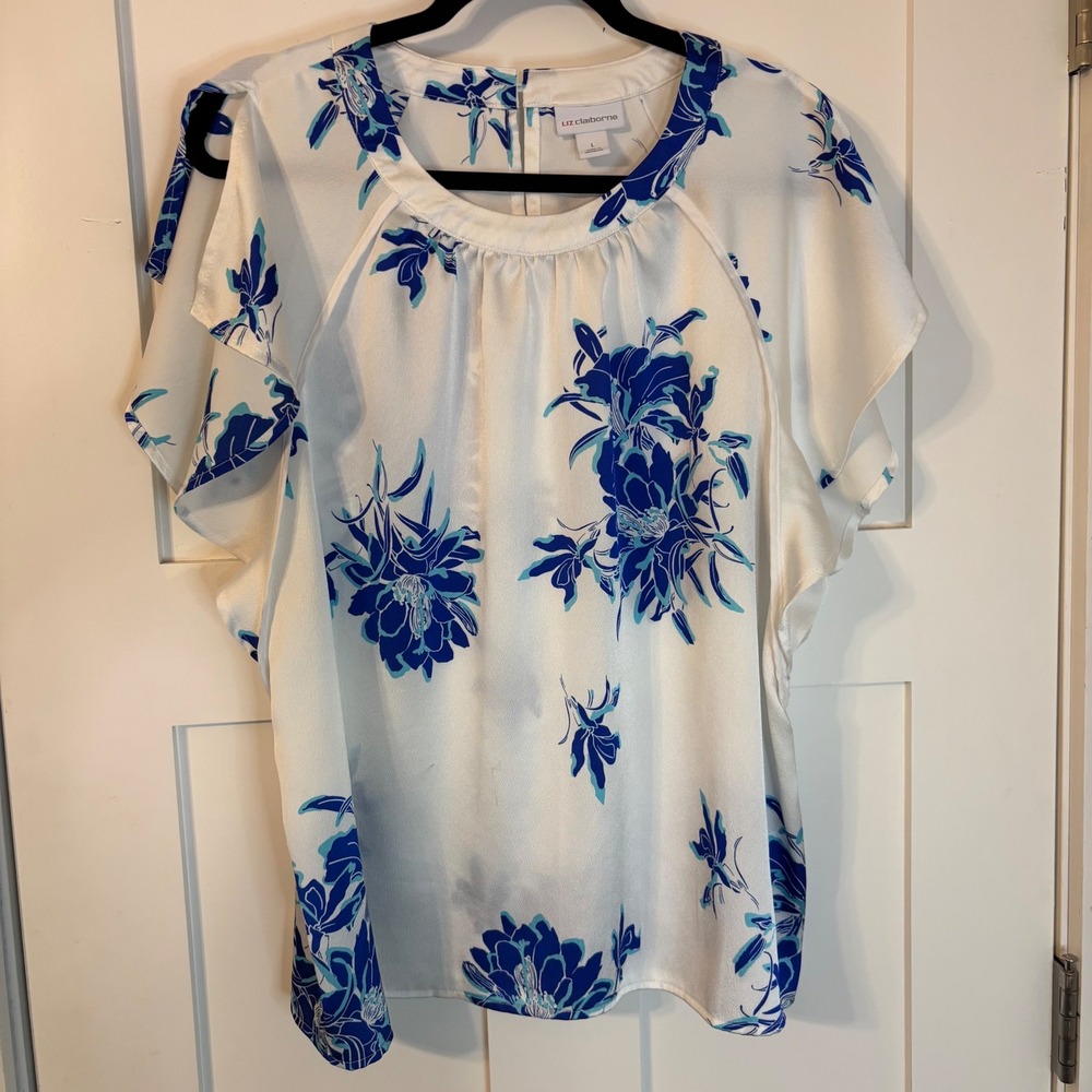 Liz Claiborne Floral Blouse White Blue Flutter Sleeve Keyhole Back Large resort